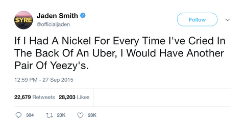 Jaden Smith crying in the back of an Uber tweet from Tee Tweets