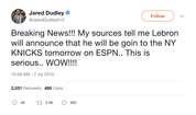Jared Dudley LeBron to Knicks confirmed tweet from Tee Tweets