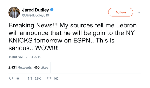 Jared Dudley LeBron to Knicks confirmed tweet from Tee Tweets