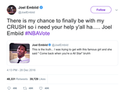 Joel Embiid chance to be with my crush tweet from Tee Tweets