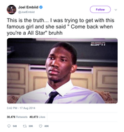 Joel Embiid crush said come back when you're an all star tweet from Tee Tweets