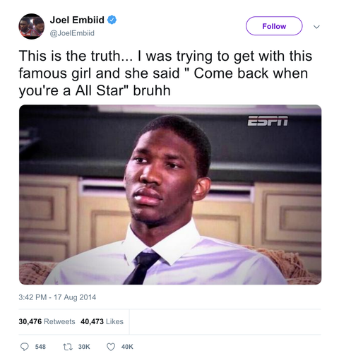 Joel Embiid crush said come back when you're an all star tweet from Tee Tweets