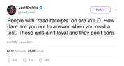 Joel Embiid read receipts with girls tweet from Tee Tweets