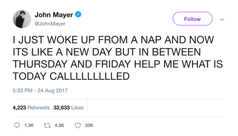 John Mayer what day is it today tweet from Tee Tweets