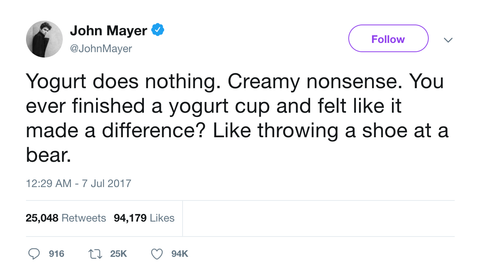 John Mayer yogurt does nothing tweet from Tee Tweets