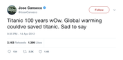 Jose Canseco global warming could have saved Titanic tweet from Tee Tweets