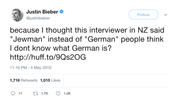 Justin Bieber Jewman German accent tweet from Tee Tweets