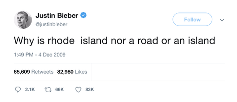 Justin Bieber why is Rhode Island not road or island tweet from Tee Tweets