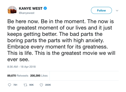 Kanye West be in the moment tweet from Tee Tweets