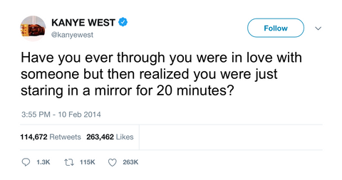 Kanye West in love just by staring at a mirror tweet from Tee Tweets