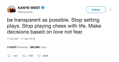 Kanye West make decision based on love not fear tweet from Tee Tweets