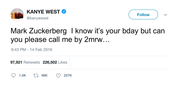Kanye West tells Mark Zuckerberg to call him on birthday tweet from Tee Tweets