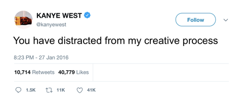 Kanye West you have distracted from my creative process tweet from Tee Tweets
