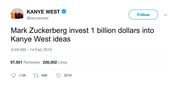 Kanye West asks Mark Zuckerberg to invest one billion dollars tweet from Tee Tweets