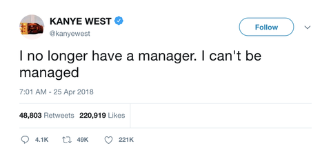 Kanye West no longer have a manger I can't be managed tweet from Tee Tweets