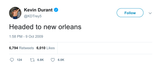 Kevin Durant headed to New Orleans tweet from Tee Tweets