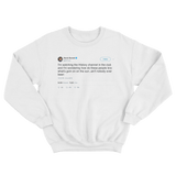 Kevin Durant watching History Channel in the club tweet on a white crewneck sweater from Tee Tweets