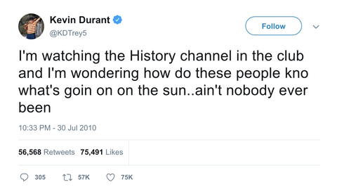 Kevin Durant watching History Channel in the club tweet from Tee Tweets