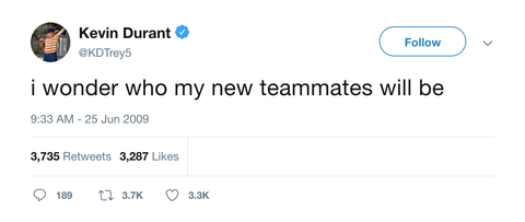 Kevin Durant wonder who my new teammates will be tweet from Tee Tweets