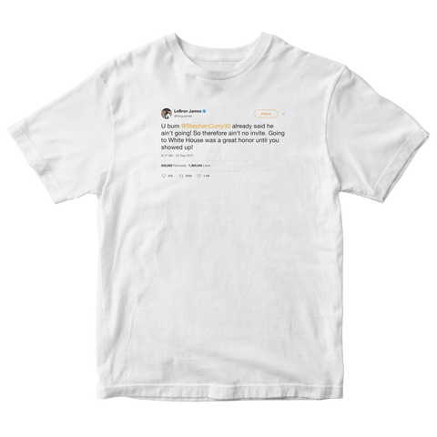 LeBron James calls Donald Trump a bum tweet on a white t-shirt from Tee Tweets