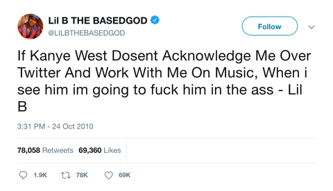 Lil B threatening Kanye West on Twitter tweet from Tee Tweets