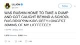 Lil Jon stuck behind a school bus needing to take dump tweet from Tee Tweets