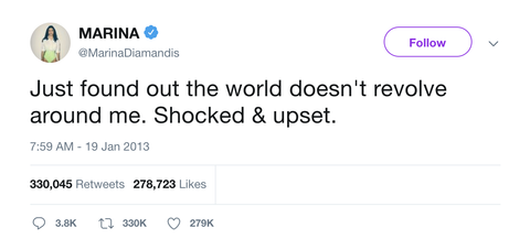 Marina Diamandis realized world doesn't revolve around me tweet from Tee Tweets