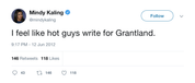 Mindy Kaling feel like hot guys write for Grantland tweet from Tee Tweets