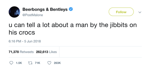Post Malone you can tell a lot about a man from jibbits on Crocs tweet from Tee Tweets