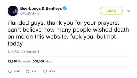 Post Malone can't believe how many wished death but not today tweet from Tee Tweets
