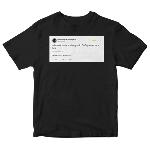 Post Malone if you use a shotgun in Call of Duty tweet on a black t-shirt from Tee Tweets