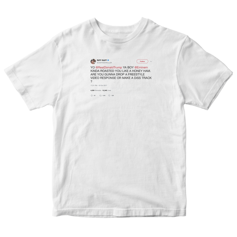 Riff Raff Trump freestyle diss track response to Eminem tweet on a white t-shirt from Tee Tweets