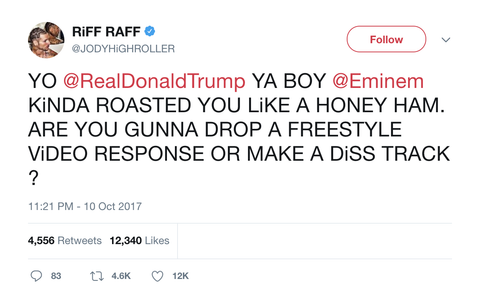 Riff Raff Trump freestyle diss track response to Eminem tweet from Tee Tweets