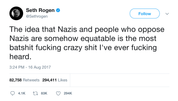 Seth Rogen equating Nazis and people who oppose Nazis tweet from Tee Tweets