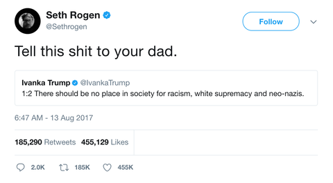 Seth Rogen tells Ivanka to tell Donald Trump tweet from Tee Tweets