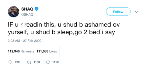 Shaquille O'Neal if you're reading this go to bed tweet from Tee Tweets