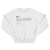 Shaquille O'Neal do I Twitter hell yeah baby tweet on a white crewneck sweater from Tee Tweets