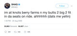 Shaquille O'Neal Knotts Berry Farm butt too big to fit on ride tweet from Tee Tweets