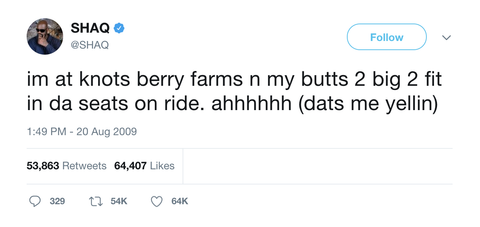 Shaquille O'Neal Knotts Berry Farm butt too big to fit on ride tweet from Tee Tweets