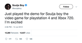 Soulja Boy video game demo for PS4 and Xbox tweet from Tee Tweets