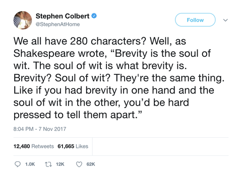 Stephen Colbert brevity is the soul of wit tweet from Tee Tweets
