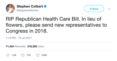 Stephen Colbert RIP Republican healthcare bill tweet from Tee Tweets