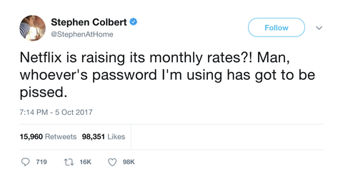 Stephen Colbert Netflix raising subscription rates tweet from Tee Tweets