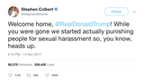 Stephen Colbert welcome home Donald Trump tweet from Tee Tweets