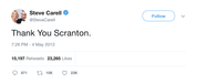 Steve Carell thank you Scranton tweet from Tee Tweets