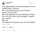 Tony Hawk getting called Tony Stark in Cancun tweet from Tee Tweets