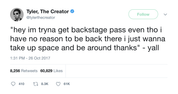 Tyler The Creator backstage pass tweet from Tee Tweets