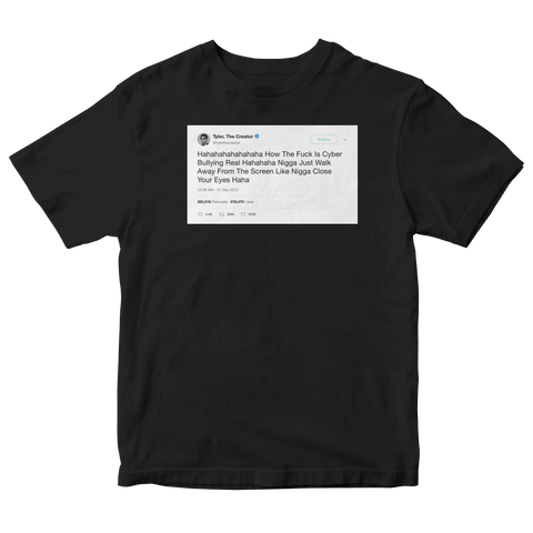 Tyler The Creator how is cyberbullying real tweet on a black t-shirt from Tee Tweets