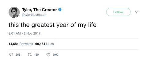 Tyler The Creator this is the greatest year of my life tweet from Tee Tweets