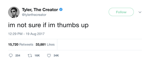 Tyler The Creator not sure if I'm thumbs up tweet from Tee Tweets